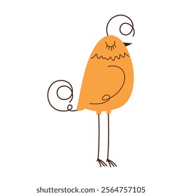 Minimalist illustration of an orange bird with curled tail and delicate features, showcasing whimsical and playful line art design.