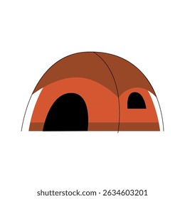 Minimalist illustration of an orange camping tent with an open entrance. Simple flat design representing outdoor adventure, travel, and nature exploration.