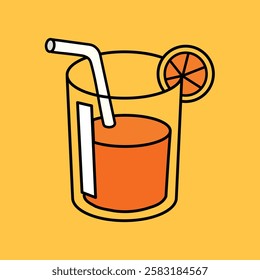 Minimalist illustration of an orange juice glass with a straw and orange slice. Bright orange juice, glass, and straw on a yellow background. Refreshing drink. Funky vector illustration.