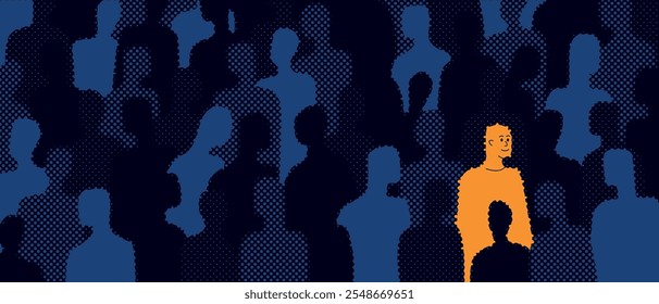 A minimalist illustration of an orange man standing out from a crowd of the same type of blue figures, symbolizing individuality, positivity and dissimilarity from others.