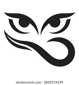 A minimalist illustration of an owl's face with sharp eyes and curved beak in black