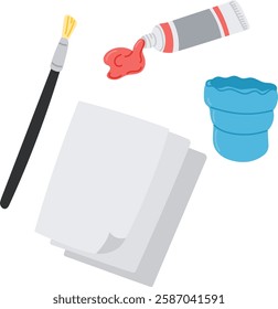 Minimalist illustration of a painting set with a brush, paint tube, paper, and water cup, ideal for art related designs, creative projects, and educational materials. Vector hand drawn illustration