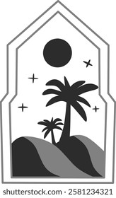 Minimalist illustration of palm trees on the beach with sun and stars. Perfect for tropical, vacation or relaxation designs.
