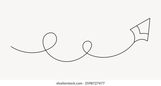 Minimalist illustration of a paper airplane with a looping trail. Simple line art of a paper airplane. Black and white paper airplane drawing with a curvy path. Minimal illustration vector.