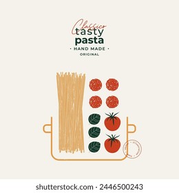 Minimalistische Illustration von Nudelzutaten. Spaghetti mit Tomaten und Basilikum mit Frikadellen