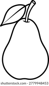 A minimalist illustration of a pear with a single leaf attached to the stem, created using a single black line on a plain white background.