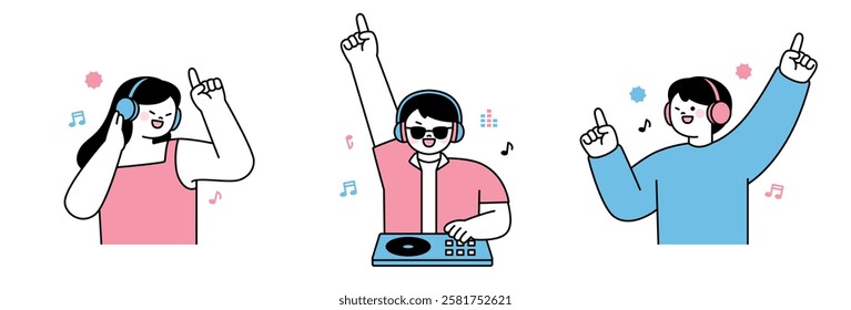 Minimalist illustration of people enjoying music, dancing, and DJing. Characters wear headphones, raise hands, and feel the rhythm. Perfect for themes of music, nightlife, and entertainment. 