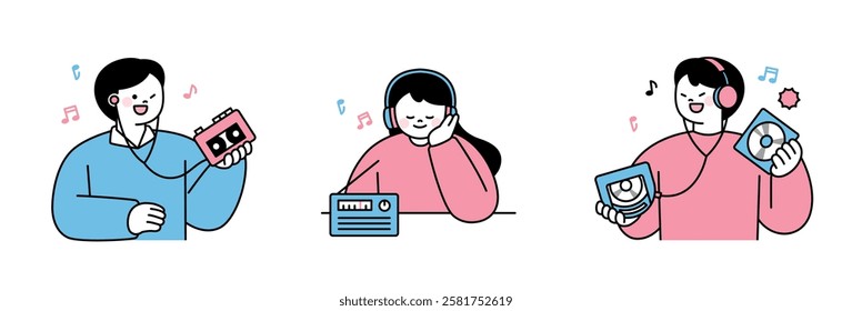 Minimalist illustration of people enjoying retro music with cassette tapes, radios, and CDs. Nostalgic and vintage vibes, perfect for themes of old-school music and classic audio devices.