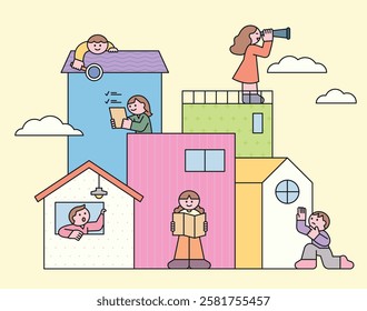 Minimalist illustration of people interacting in a colorful town, reading, observing, and communicating. A creative and lively scene representing community, curiosity, and exploration. 