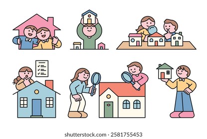 Minimalist illustration of people searching for a home, inspecting properties, and making housing decisions. A perfect visual for real estate, home buying, and property investment concepts. 