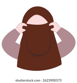 A minimalist illustration of a person adjusting a brown hijab.  The simple, flat design emphasizes subtle gestures and muted tones, conveying a sense of calm and modesty.