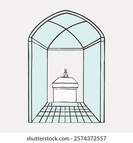 Minimalist illustration of a person at a desk in an arched room. Simple lines and muted colors create a serene, architectural space. Arched room, desk, minimalist design. Vintage style vector element.