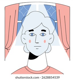 Minimalist illustration of a person gazing out a window with artistic curtains