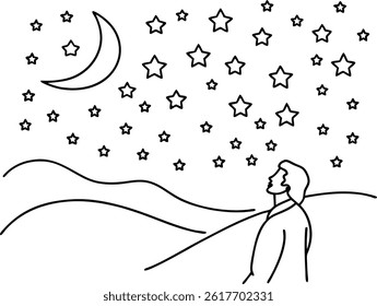 Minimalist Illustration Of A Person Gazing At The Starry Night Sky And Crescent Moon