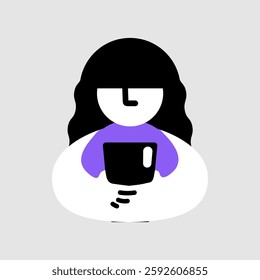 Minimalist illustration of a person holding a cup. Simple design with black and white colors. Person with long hair, holding a cup, in a minimalist style. Isolated vector illustration.