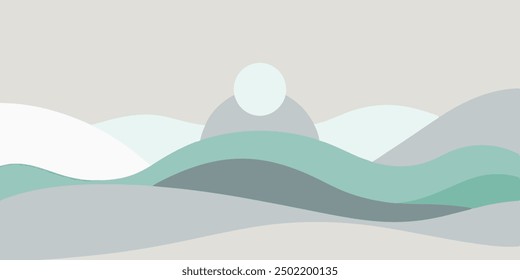 Eine minimalistische Illustration einer Person, die in einer Lotusposition meditiert, umgeben von einer beruhigenden Landschaft aus Hügeln und Wolken. Dieses Bild ruft Ruhe und Frieden hervor und ist somit perfekt für Yogastudios geeignet.