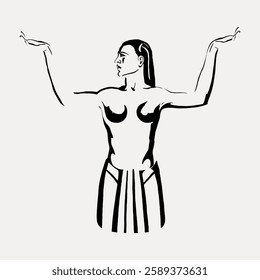 Minimalist illustration of a person with outstretched arms, featuring bold black lines and a neutral background. Artistic, abstract, and expressive design. Vintage illustration isolated, vector.