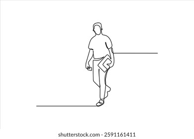 Minimalist illustration of a person walking with a book, emphasizing simplicity and motion