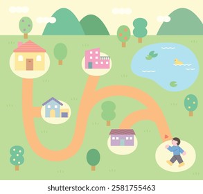 Minimalist illustration of a person walking on a path leading to different houses in a scenic landscape. A concept of choice, journey, and real estate exploration. 