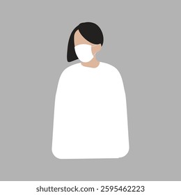 Minimalist illustration of a person wearing a mask. Simple design with neutral colors. The person is depicted with short hair and a white garment. Minimal illustration vector.