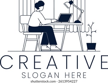 Minimalist illustration of a person working on a laptop at a desk in their home office. Perfect for