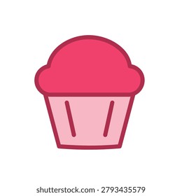 A minimalist illustration of a pink cupcake, featuring a light pink wrapper and a darker pink frosting, outlined in a bold, darker pink line.