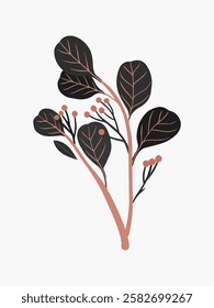 Minimalist illustration of a plant with dark leaves and small berries. The plant features simple lines and a neutral background, emphasizing natural elegance. Vintage botanical vector illustration.