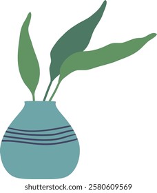 Minimalist illustration of a plant with large green leaves growing from a light blue vase with horizontal dark blue stripes, representing home decoration and care for houseplants