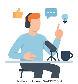 Minimalist Illustration of Podcast Host with Microphone and Speech Bubble Icon