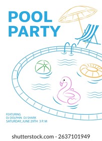 Minimalist illustration of pool party with beach umbrella, chaise lounge, flamingo inflatable ring and ball. Vector design for summer, holiday and resort cards.