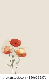 Minimalist illustration of poppy flowers, beige background, vector art style, flat design, hand-drawn, warm colors, elegant, delicate lines, delicate details. Vector illustration