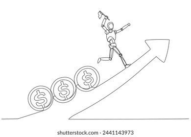 Minimalist illustration portrays a robot relentlessly pursued by rolling dollar coins. The scene symbolizes the unceasing quest for wealth in an upward journey.