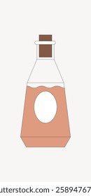 Minimalist illustration of a potion bottle with a brown liquid inside. The potion bottle has a simple design with a white label and a brown cap. Drink illustration vector.