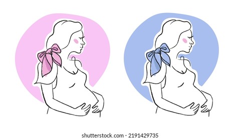 Minimalist illustration of pregnant woman, mother silhouette. Happy mother is holding her pregnant belly. Happy Women's Day. mother's day. Happy motherhood. Gender reveal
