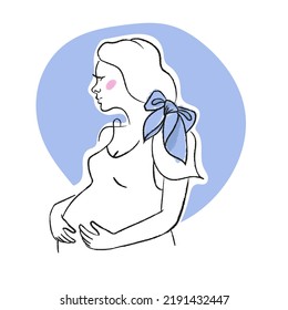 Minimalist illustration of pregnant woman waiting a boy, mother silhouette. Happy mother is holding her pregnant belly. Happy Women's Day. mother's day. Happy motherhood. Gender reveal
