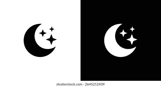 Uma ilustração minimalista apresenta uma lua crescente acompanhada por três estrelas, contrastadas em preto e branco. Uma versão exibe uma lua preta no branco, a outra branca no preto.