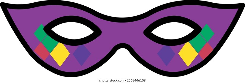 Minimalist illustration of a purple carnival mask with colorful decorations