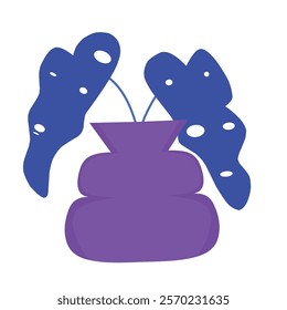 Minimalist illustration of a purple vase with two abstract blue leaves. Ideal for modern decor or graphic design projects