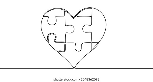 Ilustração minimalista de um coração formado por quebra-cabeças usando uma linha, representando o amor, a unidade e a ideia de encontrar a correspondência.