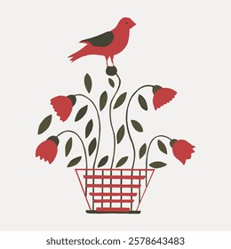 Minimalist illustration of a red bird perched on a floral plant with red flowers and green leaves in a basket. Simple and elegant design with nature theme. Vintage bird illustration vector.