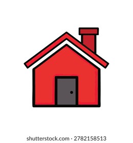 A minimalist illustration of a red house featuring a black outline a grey door with a knob and a small chimney on the roof