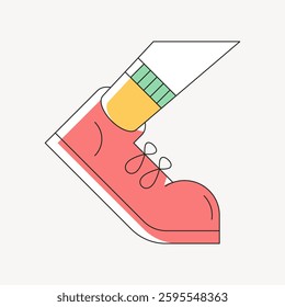 Minimalist illustration of a red sneaker with a white sole and laces. The sneaker is worn with a white sock featuring a green and yellow stripe. Simple design. Minimal illustration vector.