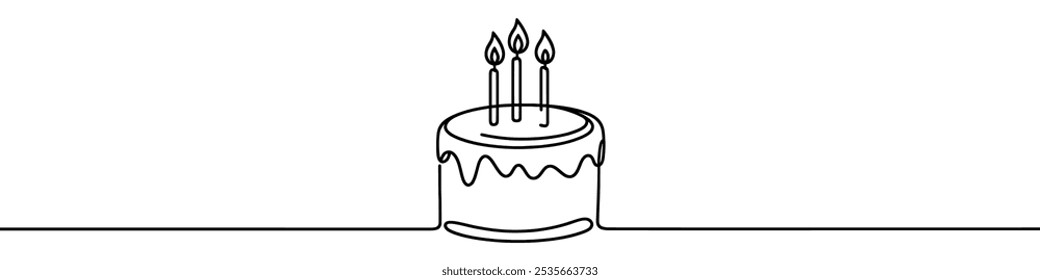 Ilustração minimalista representando um bolo com vela e decorações festivas feitas com uma linha contínua