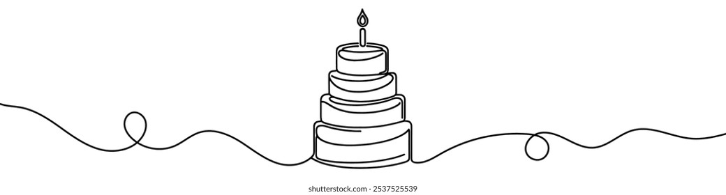 Minimalist illustration representing a cake with candle and festive decorations made with one continuous line