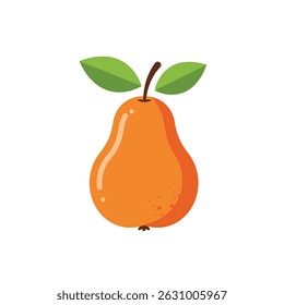 Minimalist illustration of a ripe orange pear with green leaves on white background. Modern flat design fruit icon perfect for healthy eating, food apps, packaging design and lifestyle branding