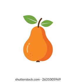 Minimalist illustration of a ripe orange pear with green leaves on white background. Modern flat design fruit icon perfect for healthy eating, food apps, packaging design and lifestyle branding