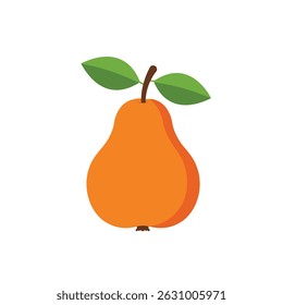 Minimalist illustration of a ripe orange pear with green leaves on white background. Modern flat design fruit icon perfect for healthy eating, food apps, packaging design and lifestyle branding