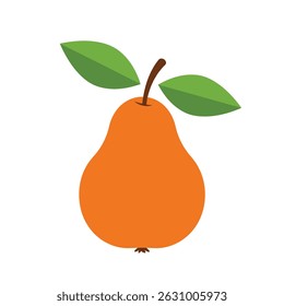 Minimalist illustration of a ripe orange pear with green leaves on white background. Modern flat design fruit icon perfect for healthy eating, food apps, packaging design and lifestyle branding