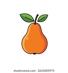 Minimalist illustration of a ripe orange pear with green leaves on white background. Modern flat design fruit icon perfect for healthy eating, food apps, packaging design and lifestyle branding