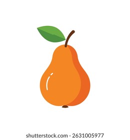 Minimalist illustration of a ripe orange pear with green leaves on white background. Modern flat design fruit icon perfect for healthy eating, food apps, packaging design and lifestyle branding